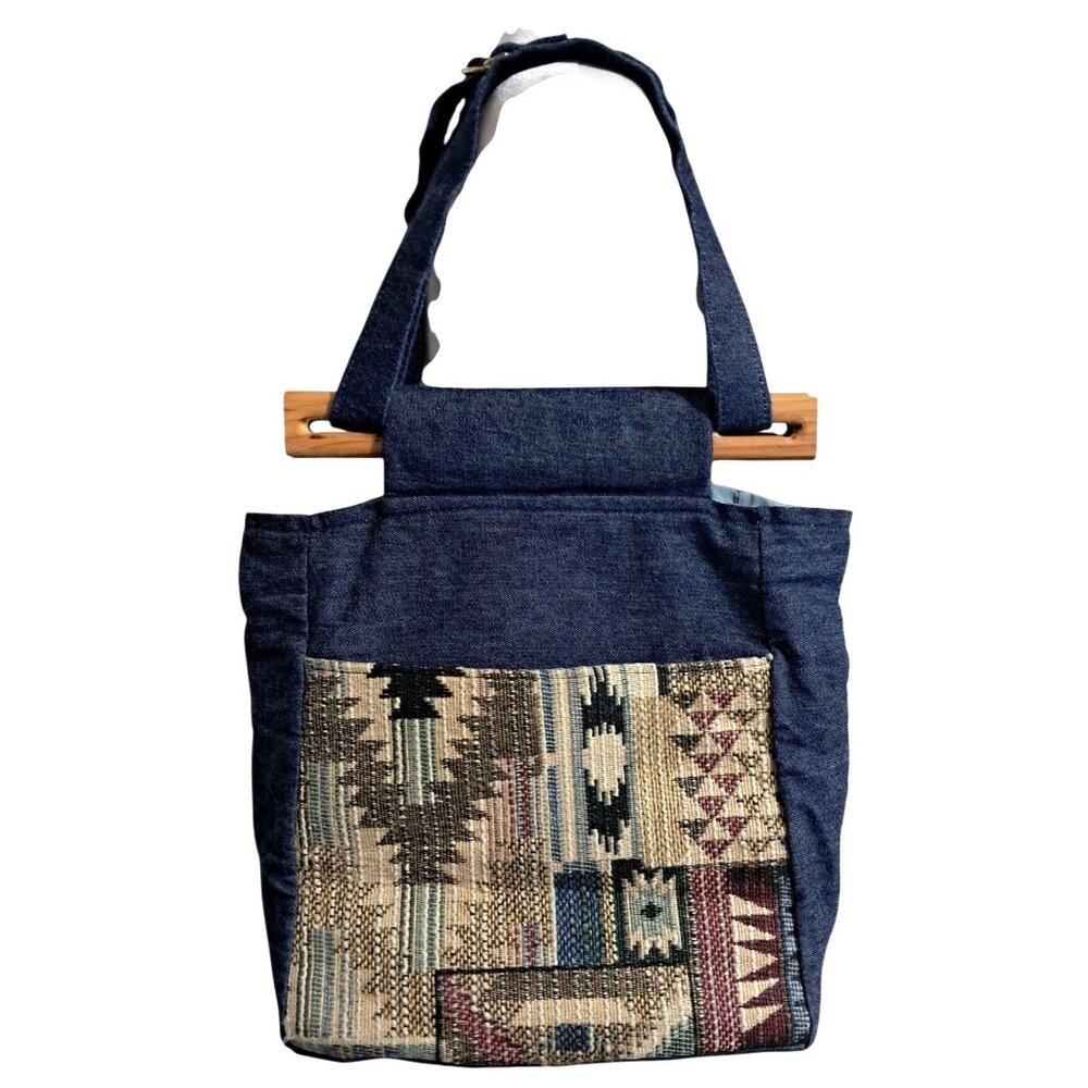Handcrafted‎ Denim Tote Bag With Wooden Handles & Southwestern Patterned Pockets